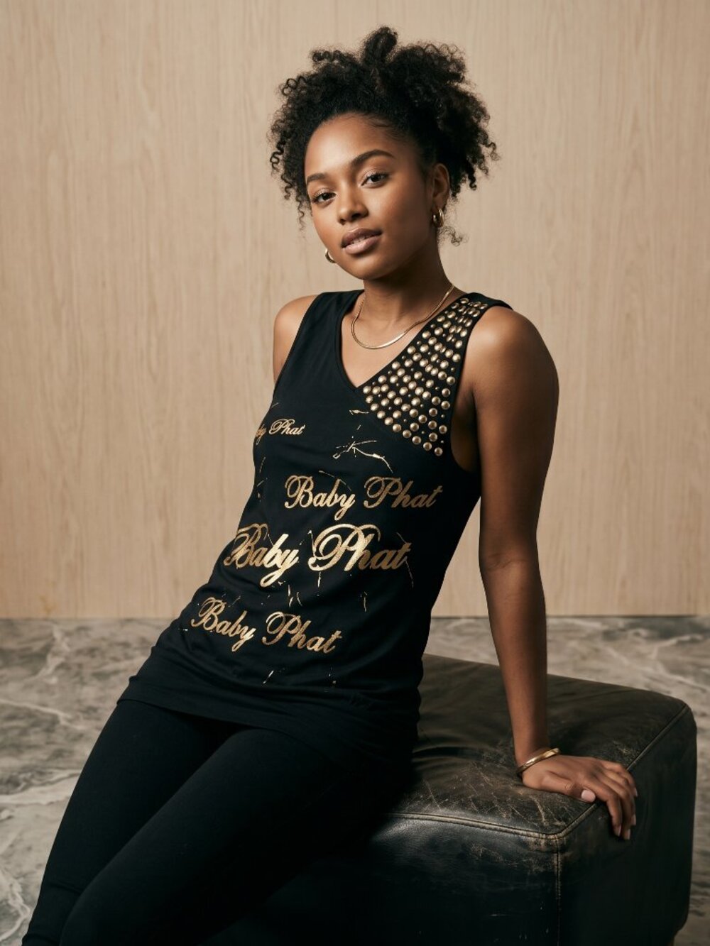 Baby Phat Women L Tank Top Black Gold Studded Archival Y2K Streetwear Statement